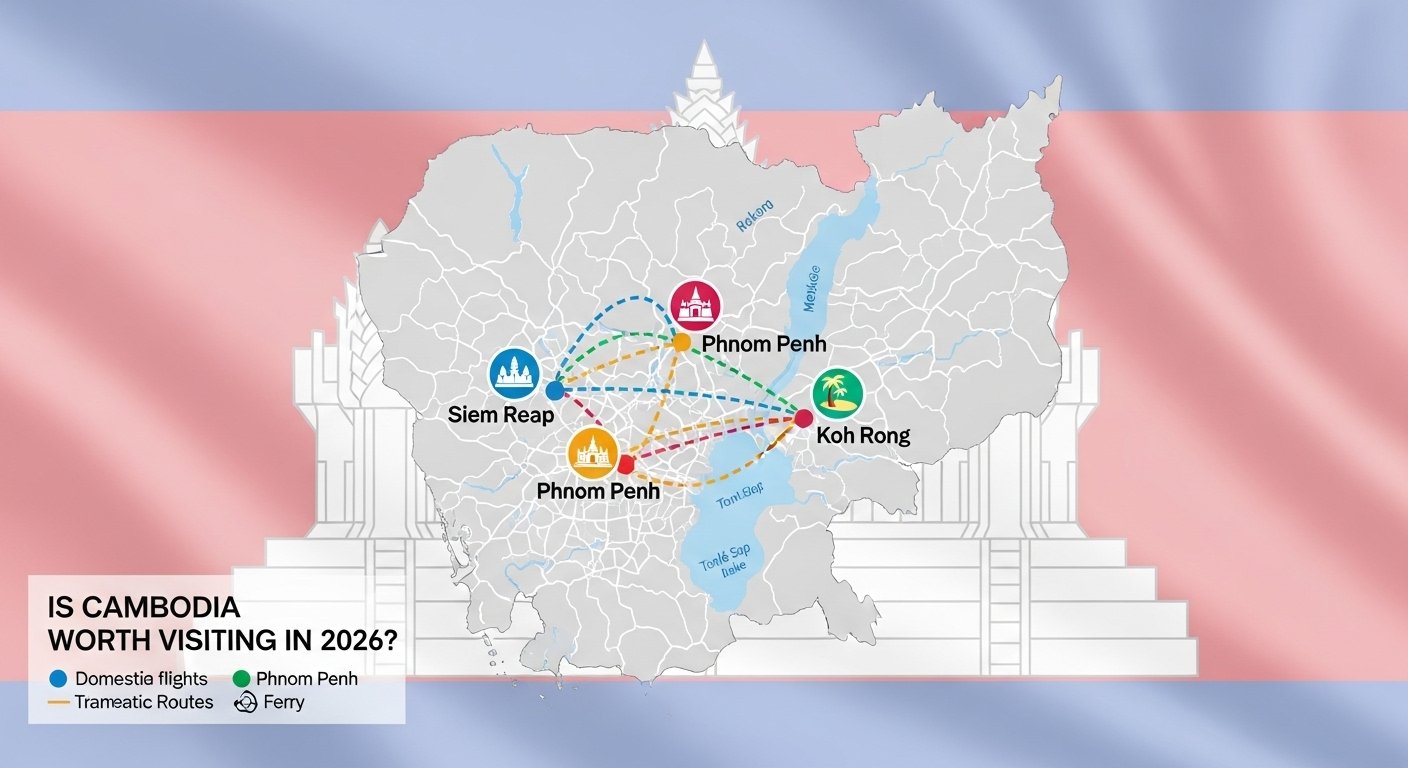 A map of Cambodia highlighting key tourist destinations like Siem Reap, Phnom Penh, and Koh Rong, indicating common travel routes for 'Is Cambodia Worth Visiting in 2026?'