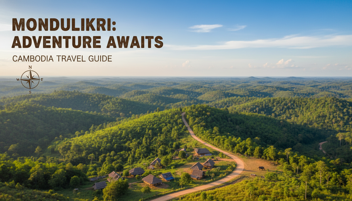 A panoramic view of Mondulkiri Province, Cambodia, showcasing rolling green hills, dense forests, and clear blue skies, encapsulating the essence of a Mondulkiri travel guide.