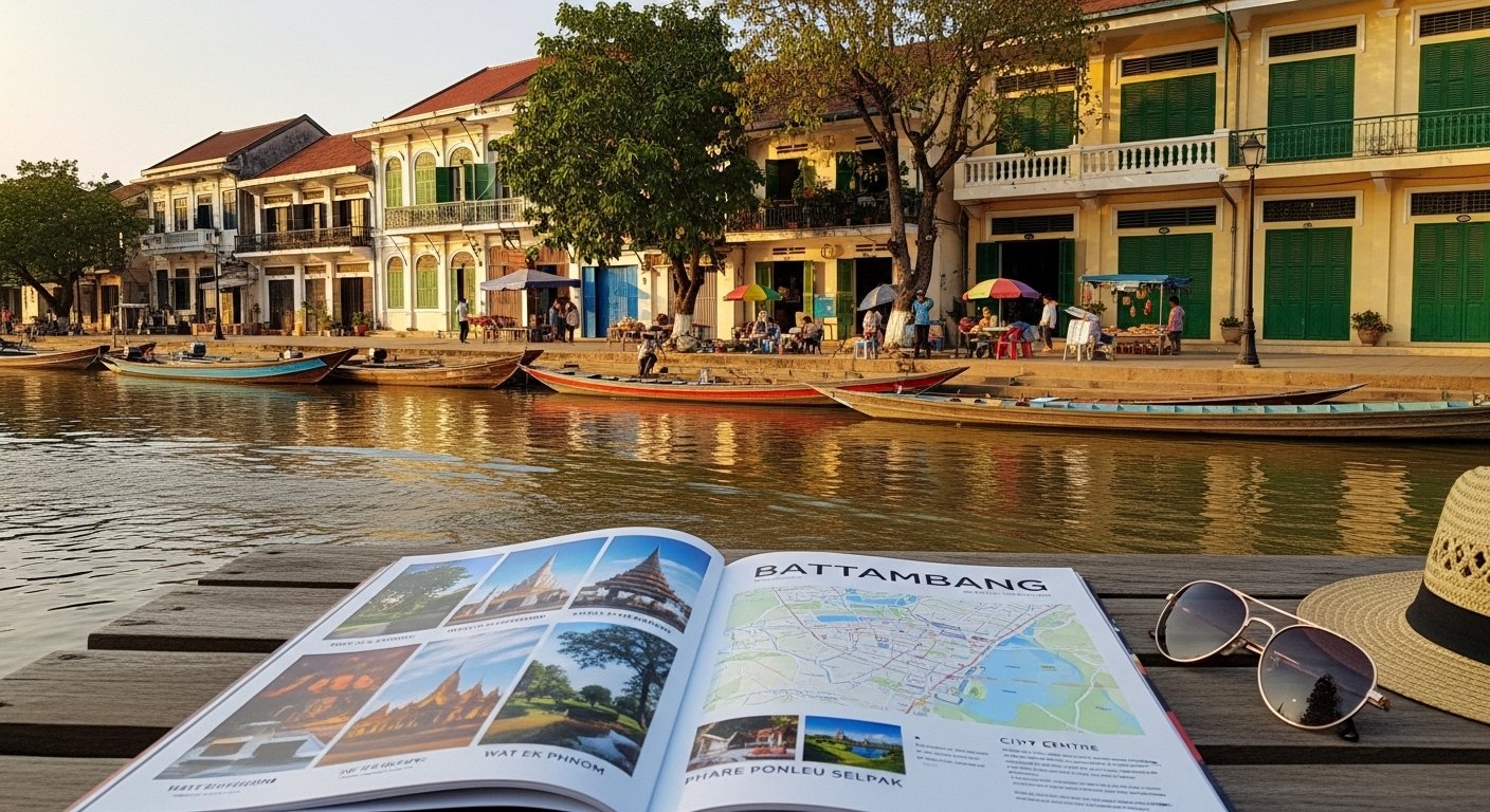 A photorealistic image showcasing the well-preserved French colonial buildings in Battambang along the Sangkae River, emphasizing the Battambang travel guide.