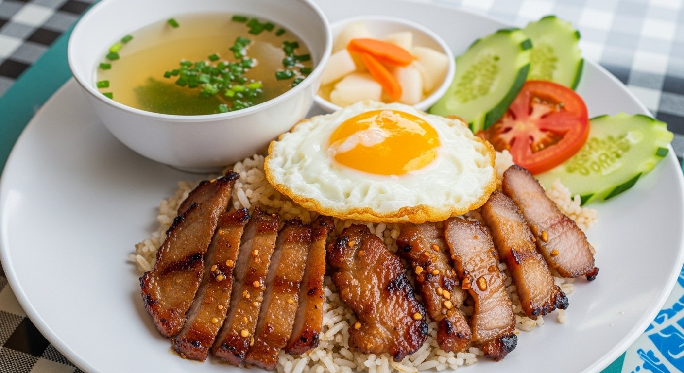 A plate of Bai Sach Chrouk, grilled pork with broken rice and a side of clear broth, a popular breakfast item for a Phnom Penh Foodie Guide.