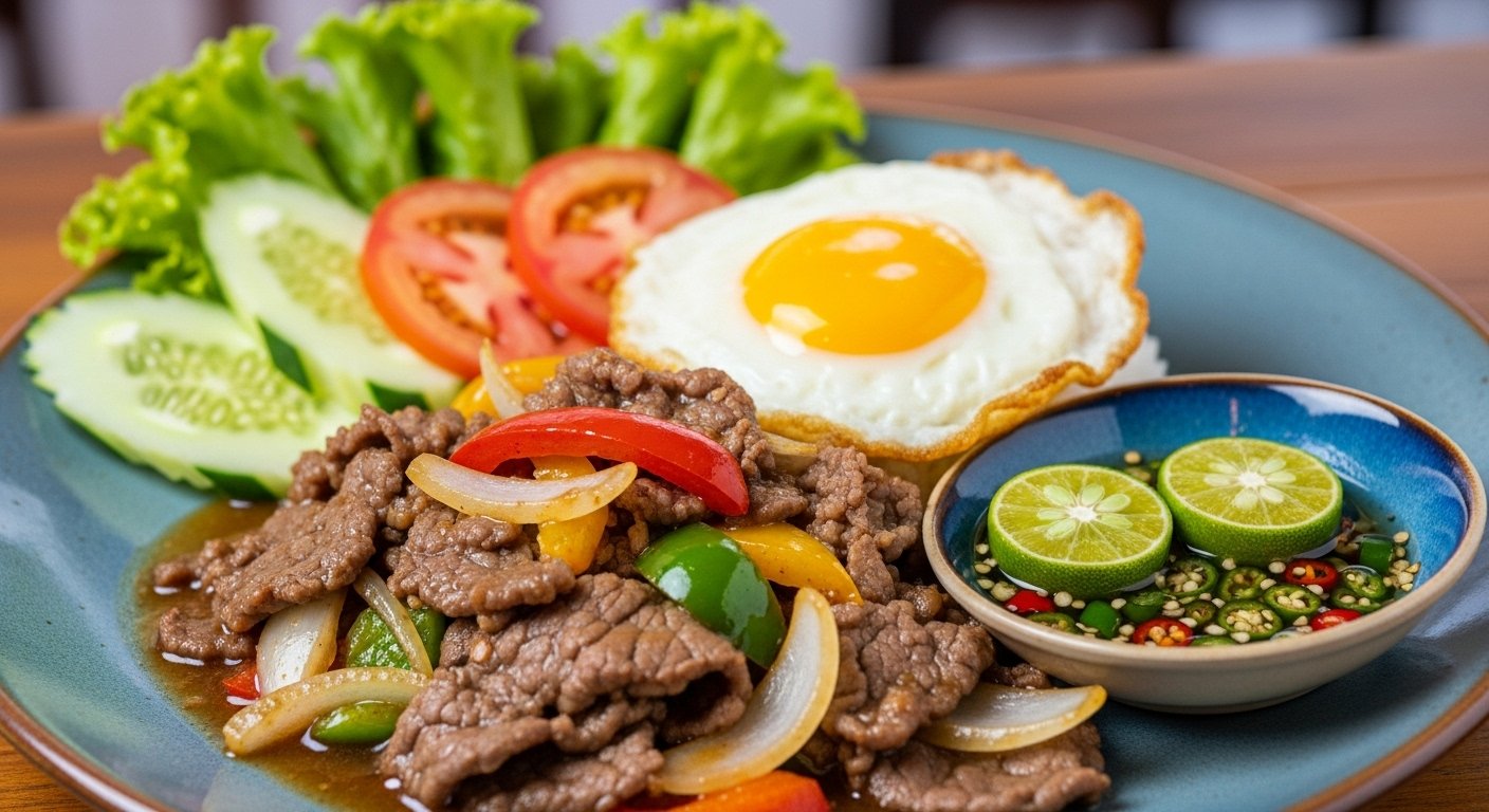 A plate of delicious Lok Lak, stir-fried beef with fresh vegetables and a side of lime-pepper dipping sauce, highlighting a must-try dish in a Phnom Penh Foodie Guide.