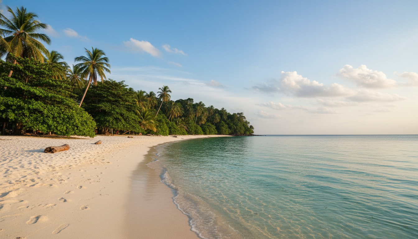 A pristine, empty white sand beach in Cambodia, with clear blue water and lush green jungle in the background, embodying the concept of quiet beaches in Cambodia.