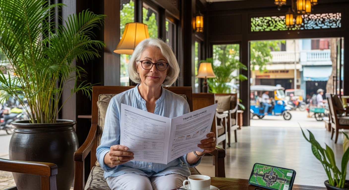 A senior traveler consulting a travel insurance document while sitting comfortably in a hotel lobby in Siem Reap, Cambodia, highlighting peace of mind for Cambodia travel for seniors.