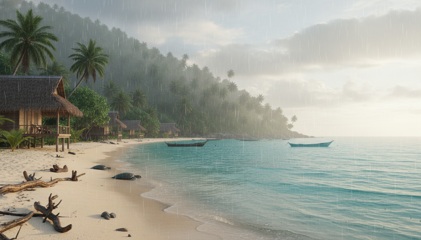 A serene beach on Koh Rong with a few bungalows, lush jungle in the background, under a partly cloudy sky during Cambodia Beach Travel Rainy Season. The focus is on tranquility.