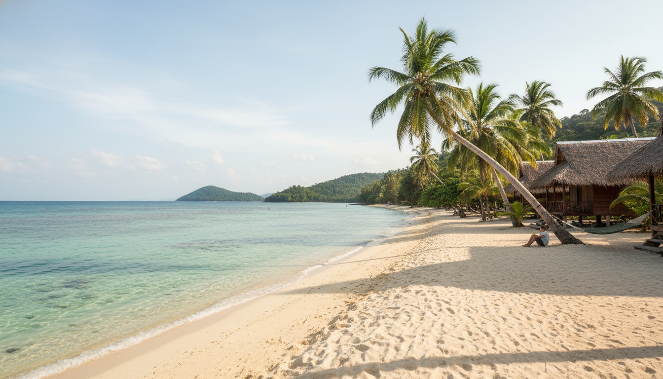 A serene view of Lazy Beach on Koh Rong Sanloem, showcasing its untouched sands and clear waters as one of the best quiet beaches in Cambodia for a secluded escape.