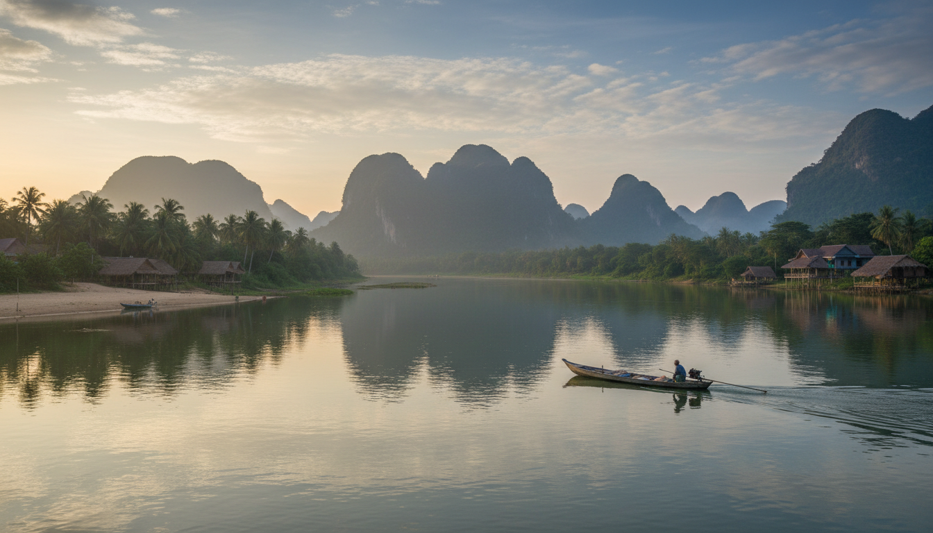 A serene view of the Kampot river with mountains in the background and a boat gently floating, illustrating the peaceful environment near the best beaches near Phnom Penh for weekend trips.