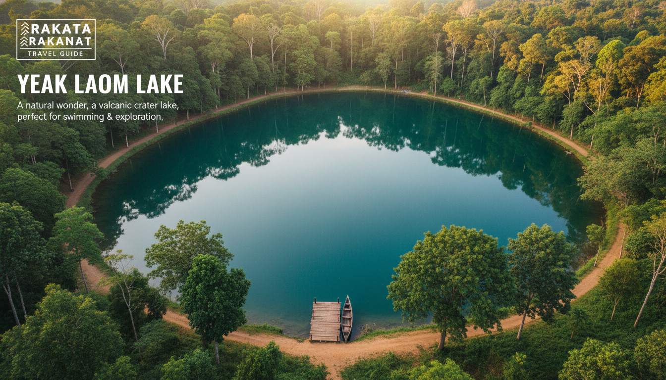 A serene view of Yeak Laom Lake, Ratanakiri, with its circular, clear blue-green waters surrounded by lush forest, a key highlight in a Ratanakiri travel guide.