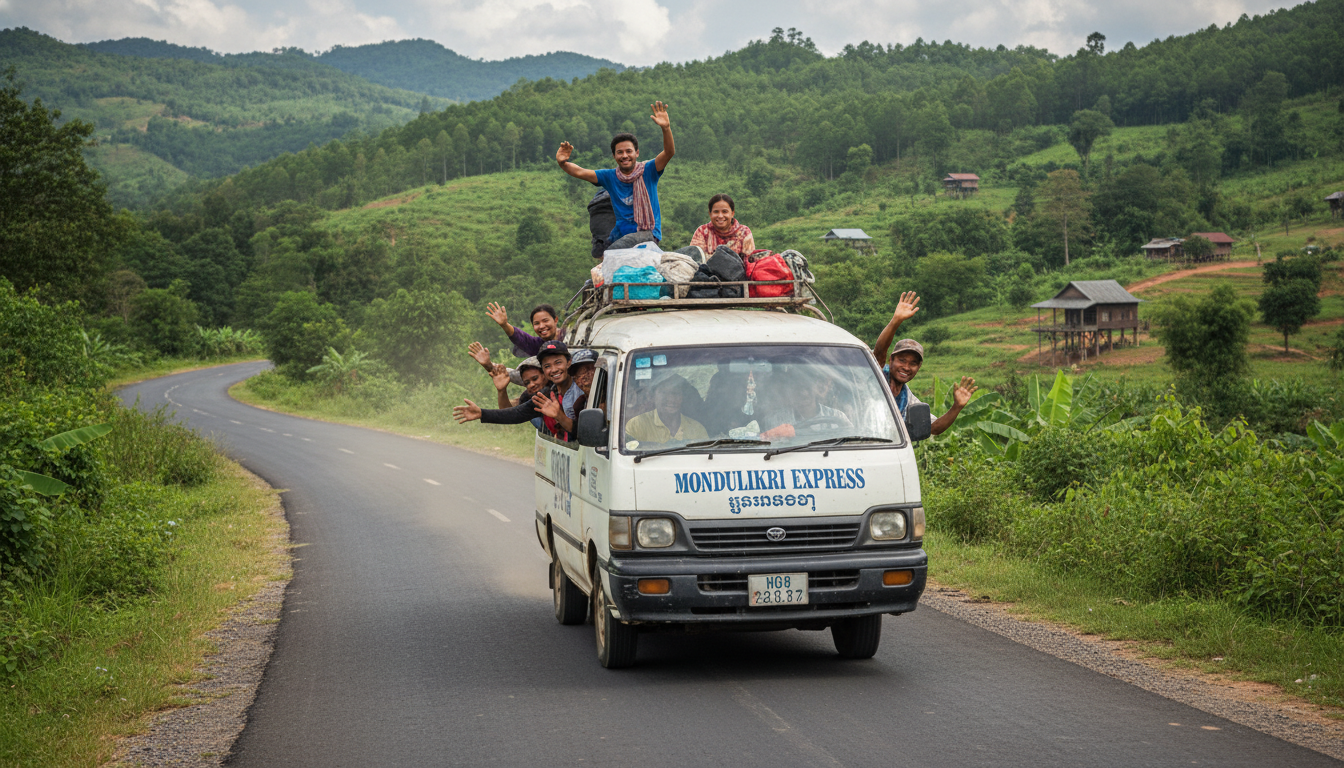 A shared minivan driving on a paved road through the green, rolling hills of Mondulkiri, Cambodia, with local people waving. This image supports a Mondulkiri travel guide for transport.