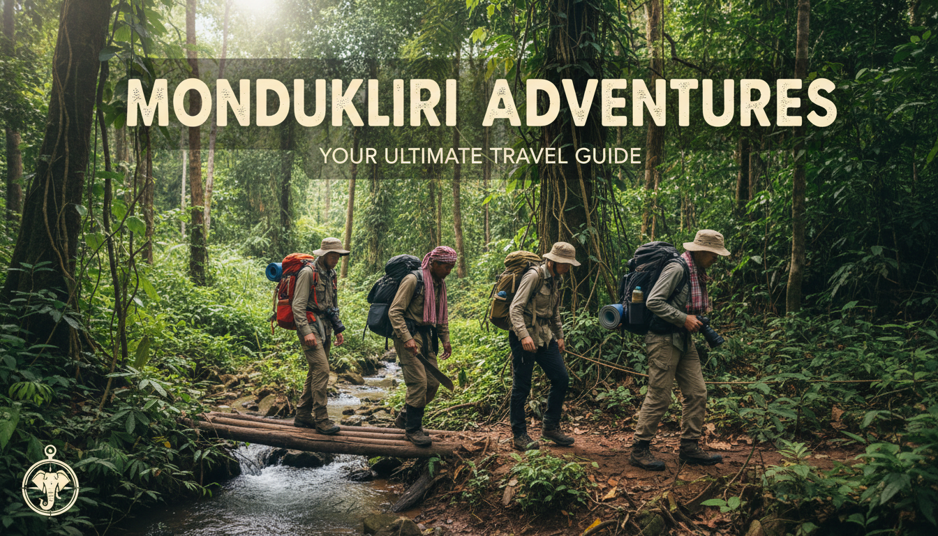 A small group of adventurous trekkers with a local guide navigating through a dense, green jungle path in Mondulkiri, Cambodia, showcasing adventure activities for a Mondulkiri travel guide.