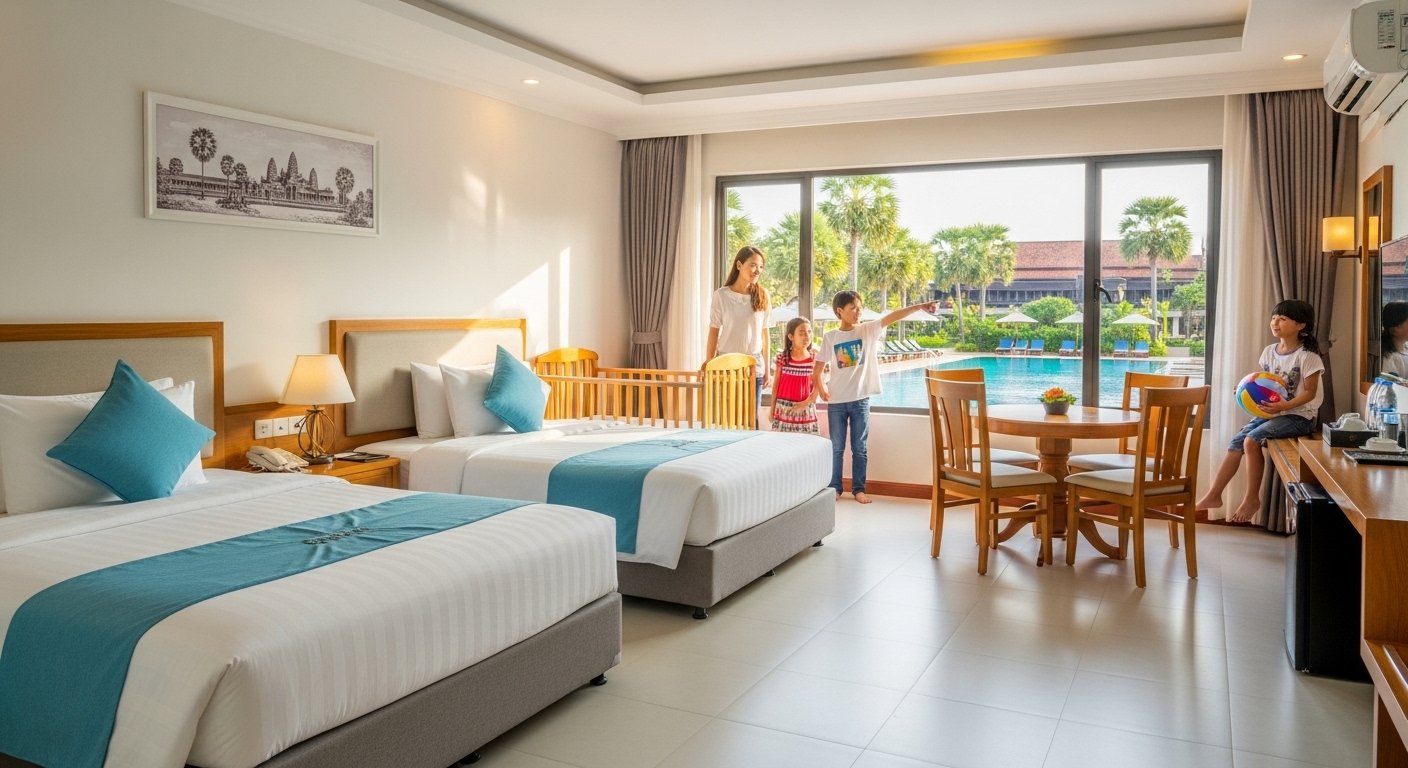 A spacious, clean family room in a Cambodian hotel with a swimming pool visible outside the window, illustrating ideal family accommodation Cambodia for Cambodia travel with kids.