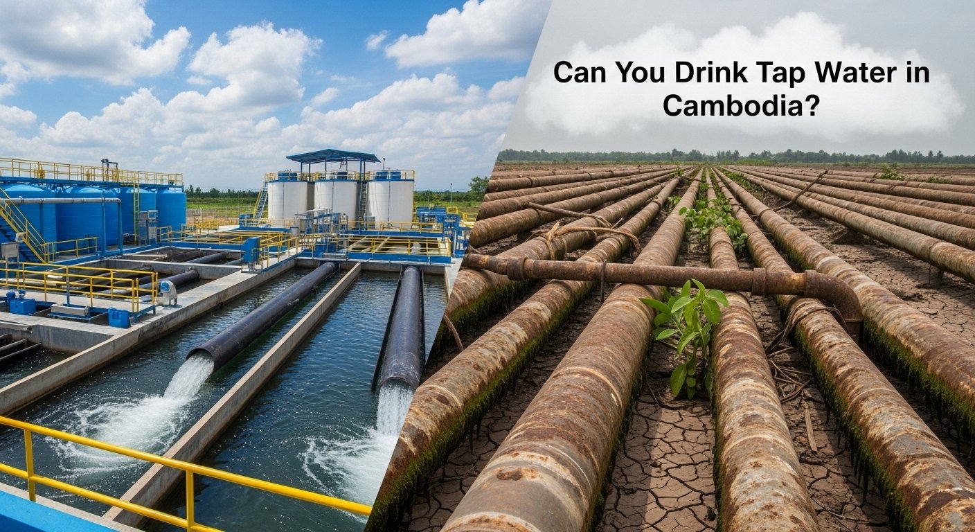 A split image showing a modern water treatment plant in one half, and old, corroded water pipes in the other, illustrating the gap between initial water treatment and tap delivery in Cambodia, focusing on the question: Can You Drink Tap Water in Cambodia.