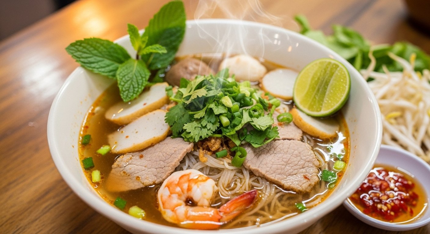 A steaming bowl of Kuy Teav, Cambodian noodle soup with meat and fresh herbs, perfect for a Phnom Penh Foodie Guide.