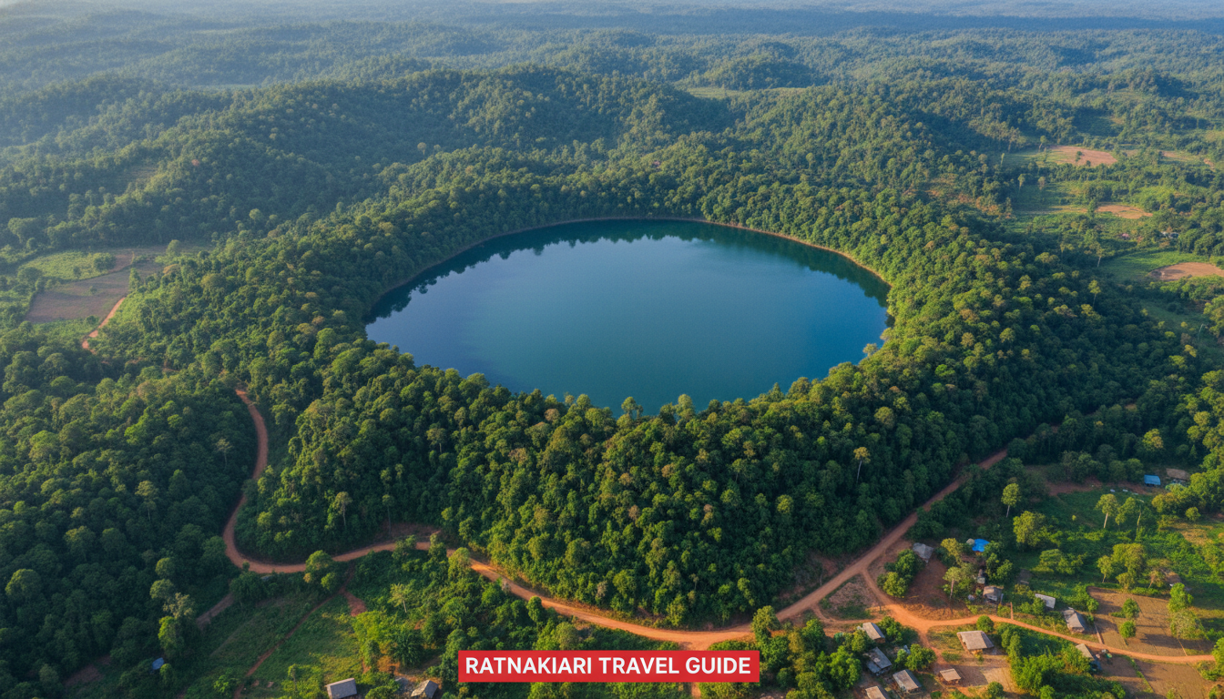 A stunning aerial view of a lush, green landscape of Ratanakiri, Cambodia, with a clear, circular volcanic lake at its center, showcasing the natural beauty of Ratanakiri travel guide.
