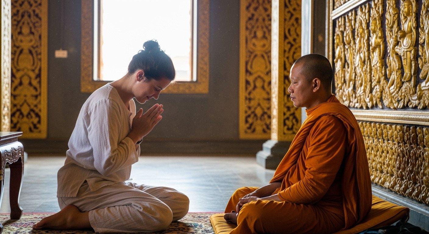 A tourist respectfully performing a Sampeah greeting to a Buddhist monk in Cambodia, highlighting avoidance of common Cambodia travel mistakes related to etiquette.