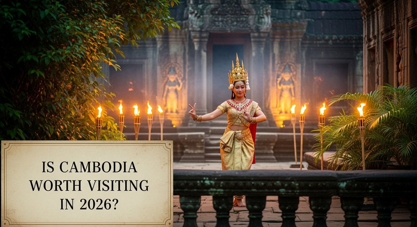 A traditional Apsara dancer performing in a beautifully lit outdoor setting, showcasing Cambodian cultural experiences and the question 'Is Cambodia Worth Visiting in 2026?'
