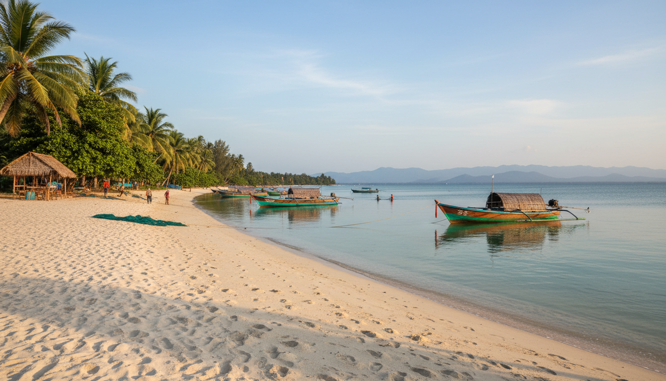 A tranquil scene on Rabbit Island (Koh Tonsay) near Kep, Cambodia, featuring local fishing boats and a peaceful sandy shore, one of the best quiet beaches in Cambodia.