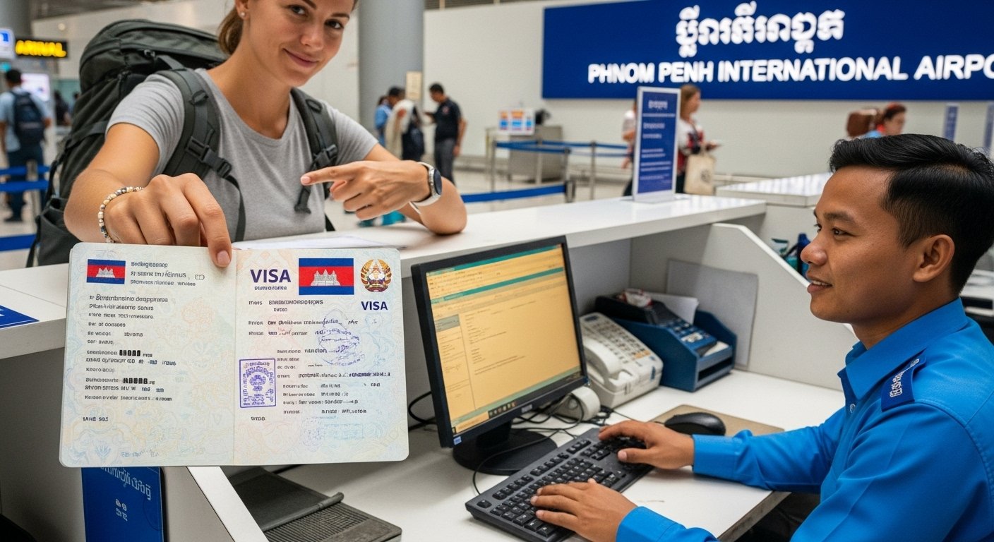 A traveler confidently presenting their correctly obtained Cambodian visa at an immigration counter, avoiding common Cambodia travel mistakes with paperwork.
