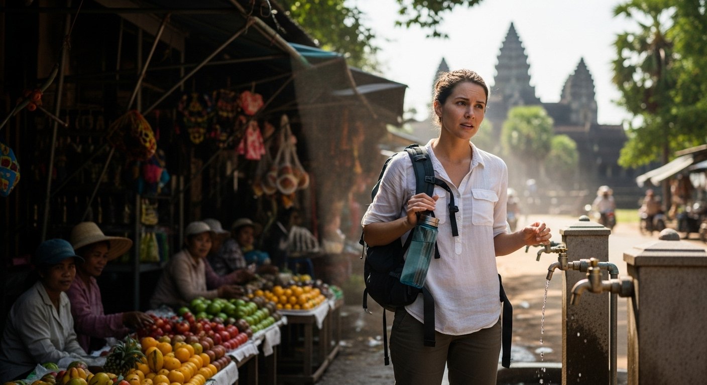 A traveler in Cambodia pondering the crucial question: Can you drink tap water in Cambodia? The image captures their cautious consideration for safe hydration amidst a Cambodian backdrop.