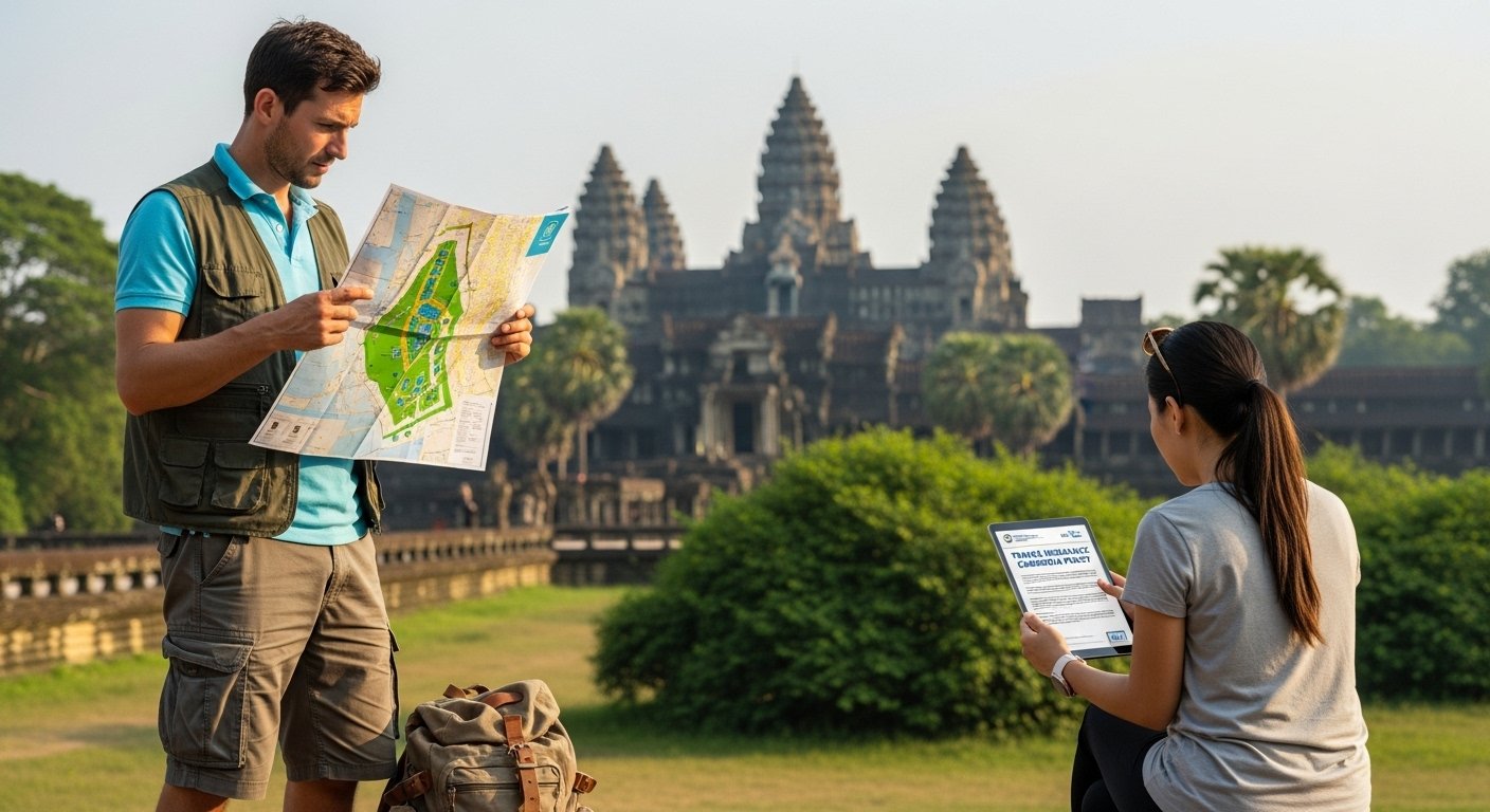 A traveler looking at a map in front of Angkor Wat, while another person reviews travel insurance Cambodia documents on a tablet.