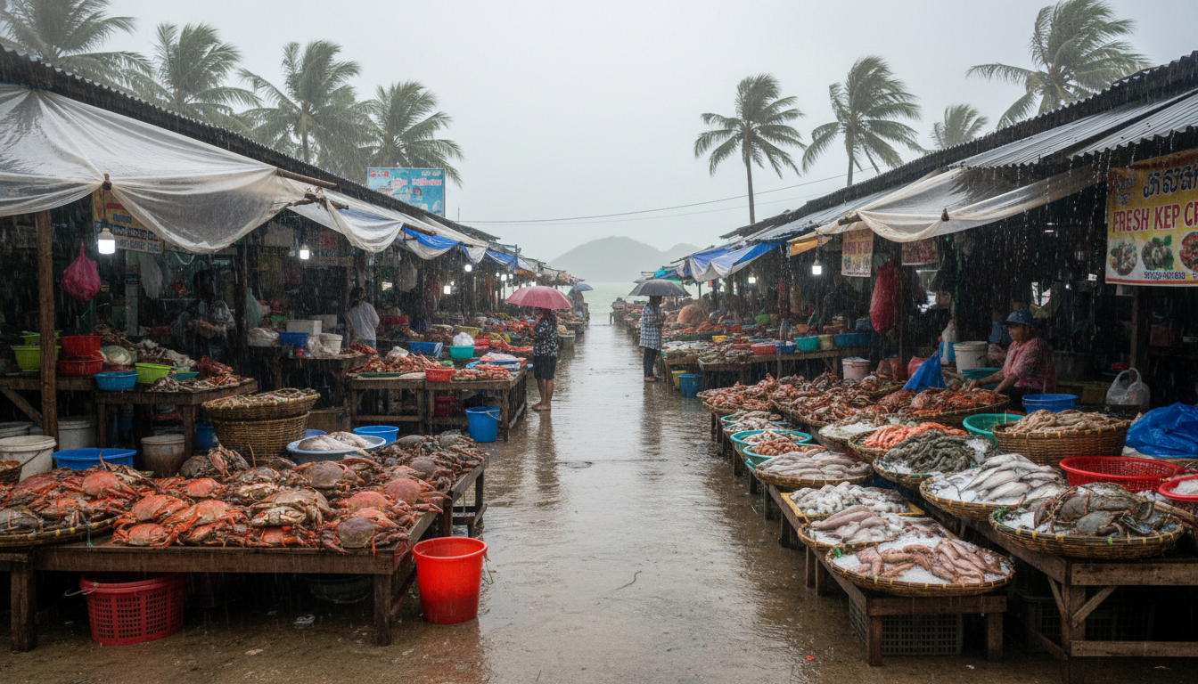 A vibrant crab market in Kep, with fresh seafood on display, rain-slicked ground, capturing the essence of Cambodia Beach Travel Rainy Season.