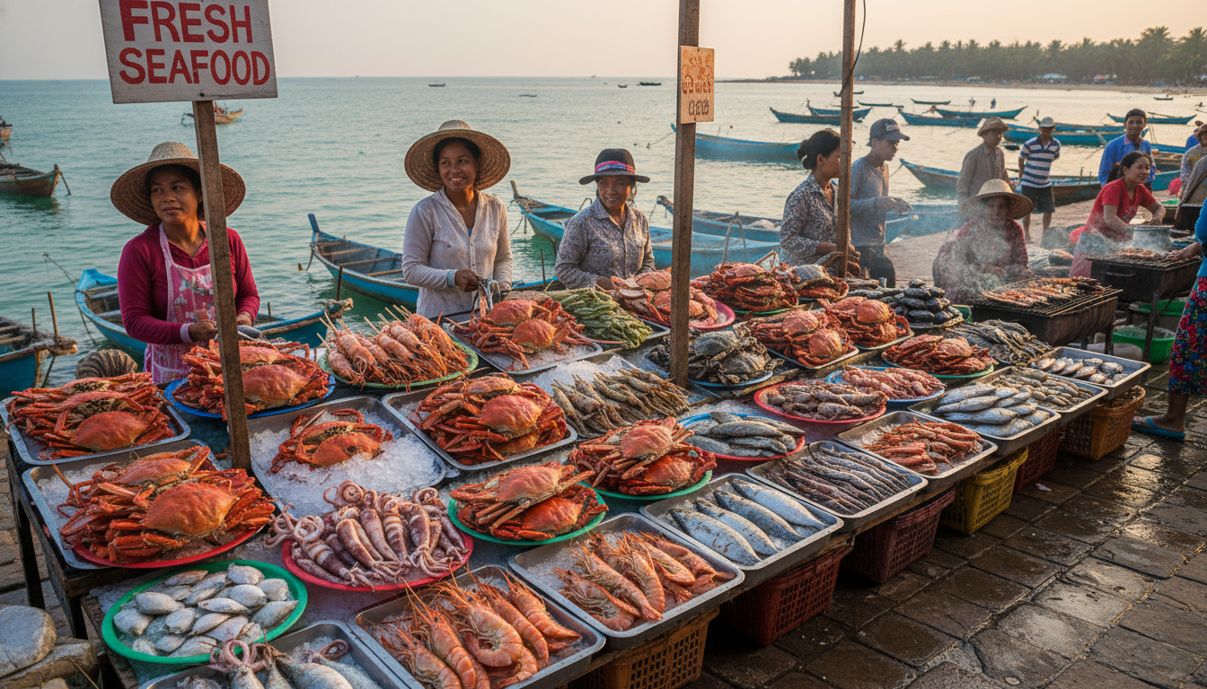 A vibrant image of Kep's Crab Market with fresh seafood on display and the ocean in the background, highlighting the culinary delights near the best beaches near Phnom Penh for weekend trips.