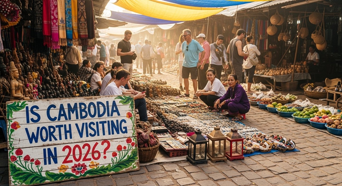 A vibrant market scene in Siem Reap, Cambodia, with tourists exploring and locals selling crafts, depicting the lively atmosphere and questioning 'Is Cambodia Worth Visiting in 2026?'
