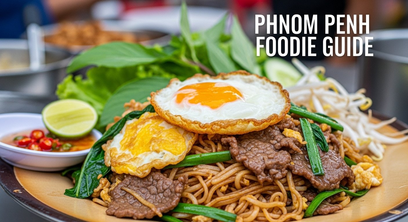 A vibrant plate of Lort Cha, stir-fried short rice noodles with beef, egg, and vegetables, a popular street food in a Phnom Penh Foodie Guide.