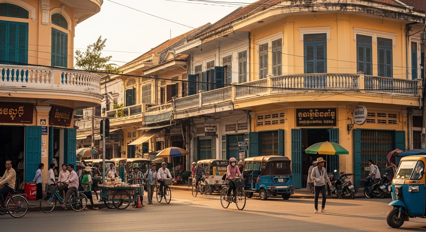 A vibrant street scene in Battambang with colonial buildings and local activity, illustrating the Battambang travel guide.
