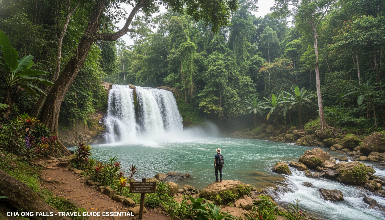 A wide, powerful Cha Ong Waterfall in Ratanakiri, Cambodia, with lush green jungle surrounding it and clear pools at the base, an essential stop on a Ratanakiri travel guide.