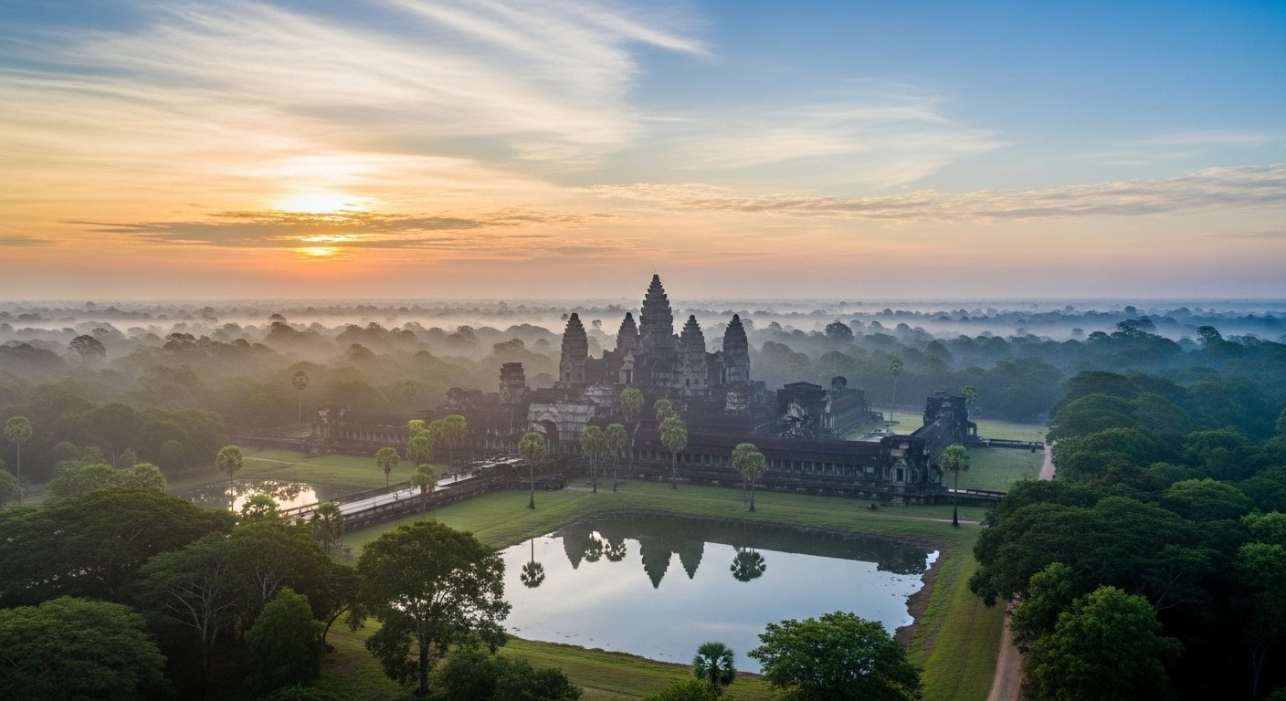 An aerial view of Angkor Wat at sunrise, with a clear sky and lush greenery, depicting the majestic beauty suitable for Cambodia travel for seniors.