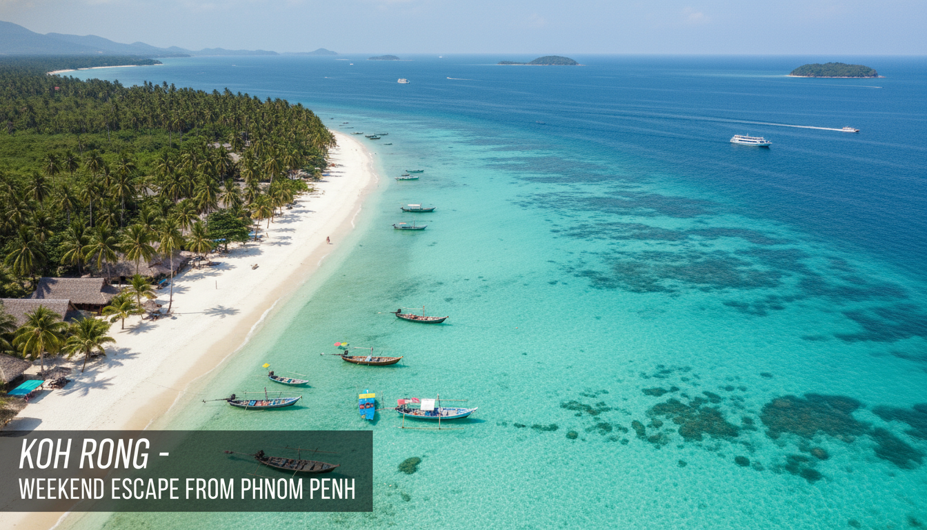 An aerial view of the pristine beaches and turquoise waters of Koh Rong, showcasing its appeal as one of the best beaches near Phnom Penh for weekend trips.