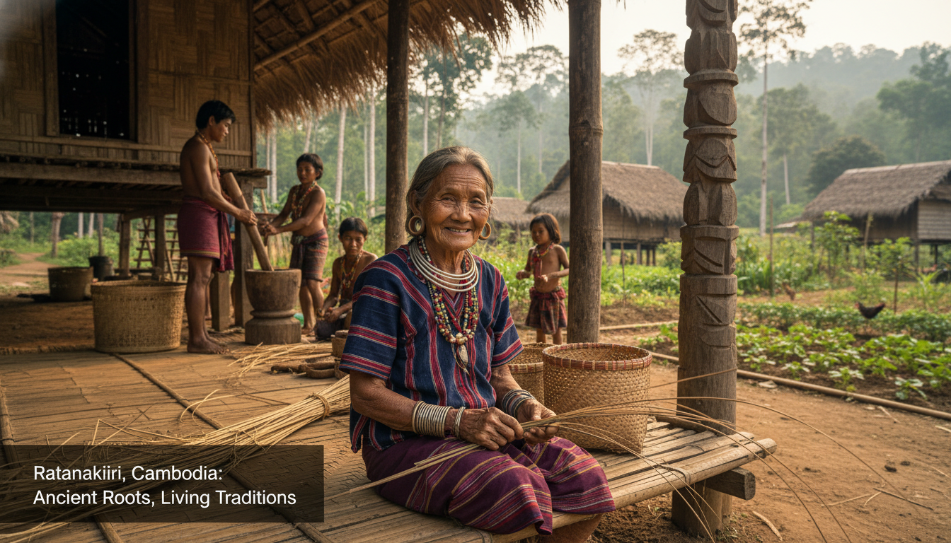An elder from a Khmer Loeu tribe in a traditional village in Ratanakiri, Cambodia, engaged in daily life, highlighting tribal culture for a Ratanakiri travel guide.