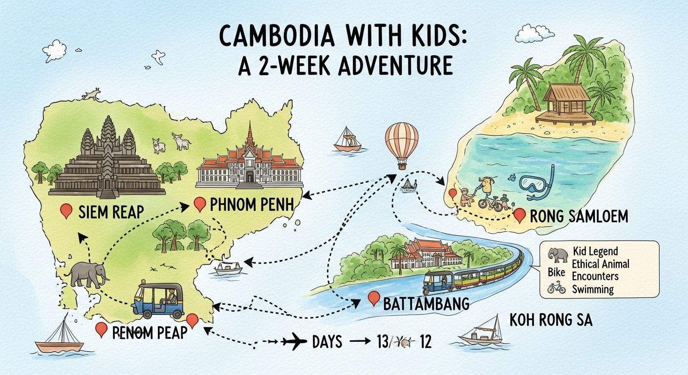 An illustrated map showing a suggested 2-week Cambodia travel with kids itinerary, highlighting routes between Siem Reap, Phnom Penh, Battambang, and Koh Rong Samloem.