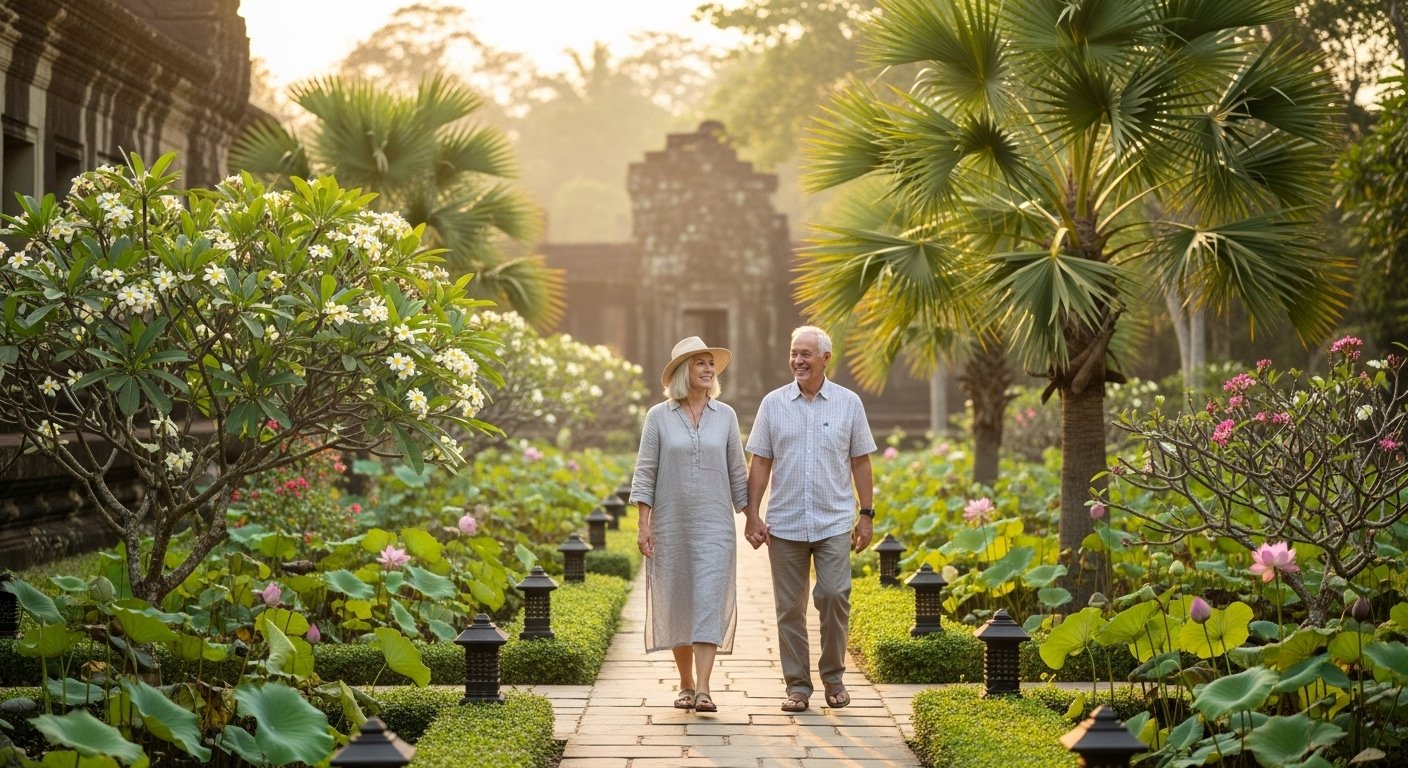 An older couple smiling, walking hand-in-hand through a beautiful, well-maintained garden in Siem Reap, Cambodia. The image should convey comfort and relaxation, emphasizing Cambodia travel for seniors.