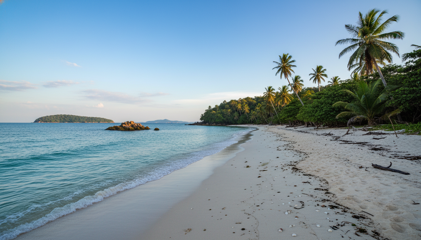 An untouched, pristine beach on Koh Thmei, inside Ream National Park, showcasing the natural beauty of quiet beaches in Cambodia.