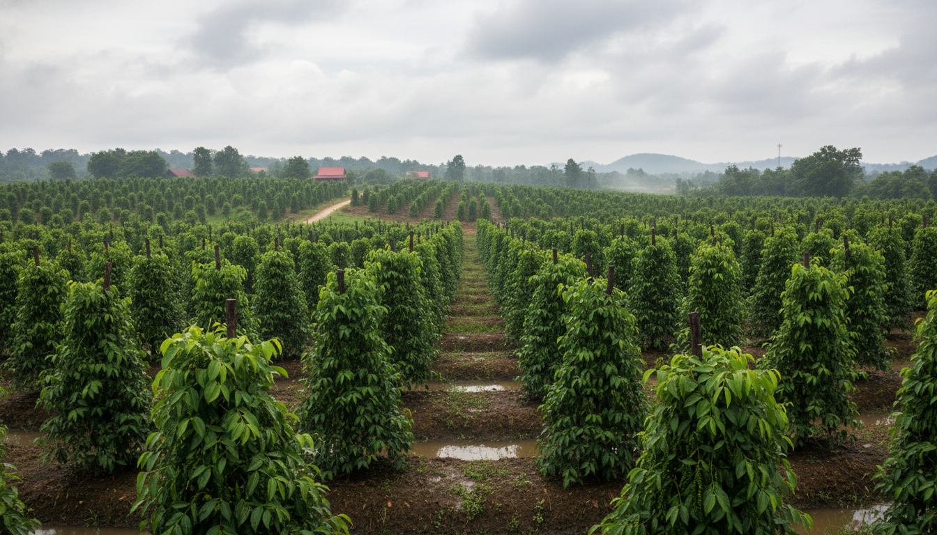 Lush green pepper plantation in Kampot, Cambodia, under soft cloudy skies, reflecting the beauty of the 'green season' during Cambodia Beach Travel Rainy Season.