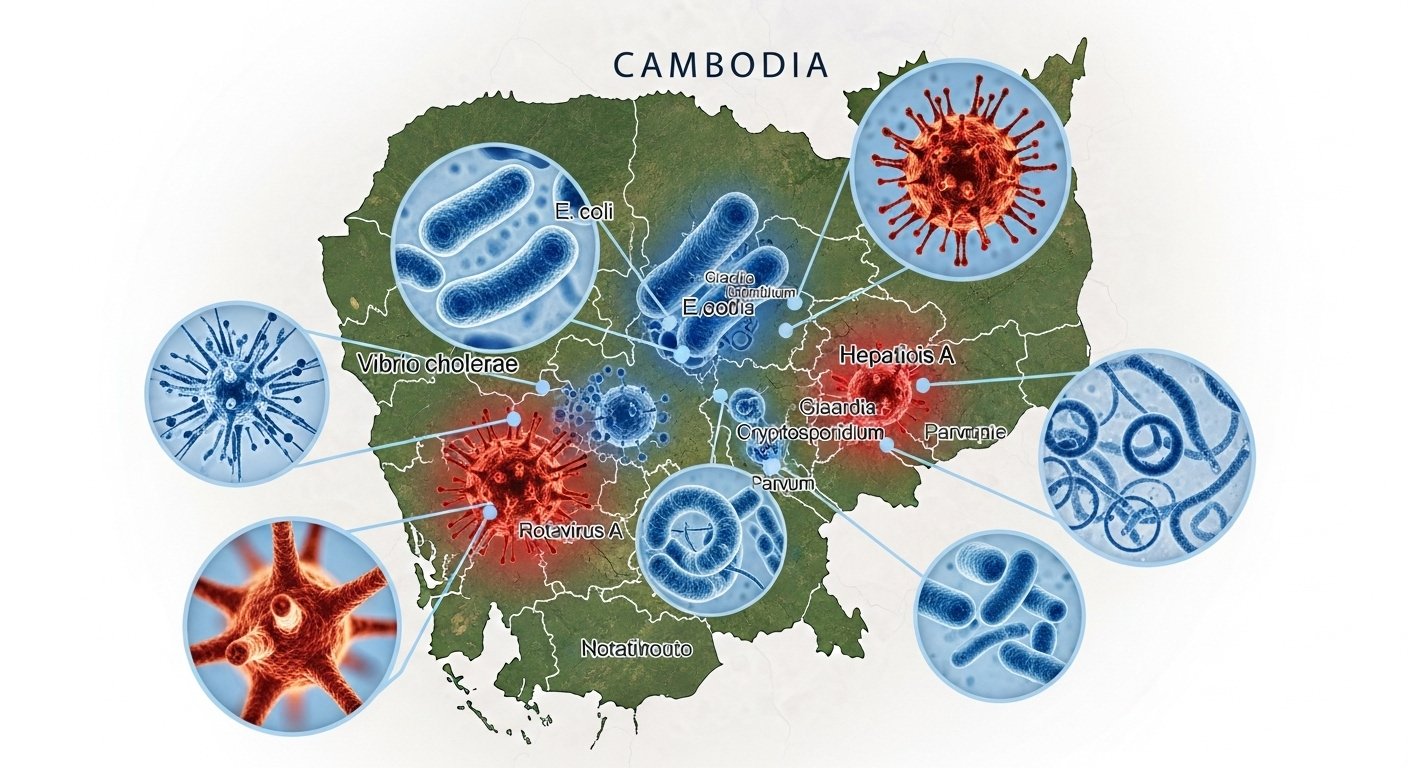 Microscopic view of bacteria and parasites linked to waterborne diseases, illustrating why many ask 'Can You Drink Tap Water in Cambodia?' and highlighting the health risks of unsafe Cambodian water.