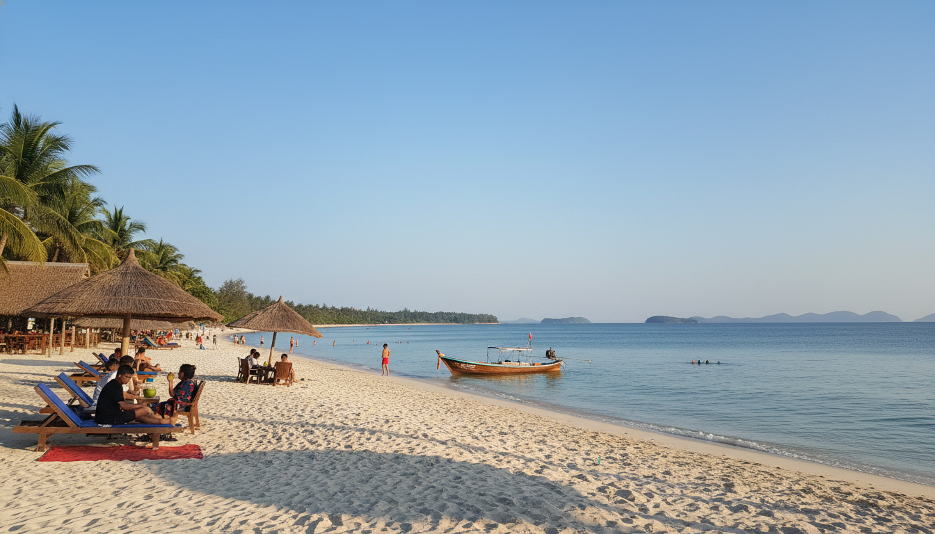 Panoramic view of a vibrant seaside destination, representing the best beaches near Phnom Penh for weekend trips, ideal for quick getaways.