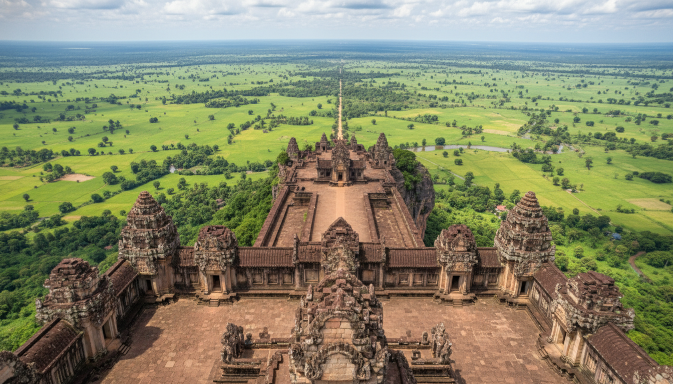 Photorealistic aerial view looking down from Preah Vihear Temple's main sanctuary, showing the sequence of Gopuras and the vast Cambodian plain below, a key visual for a Preah Vihear Temple visitor guide.