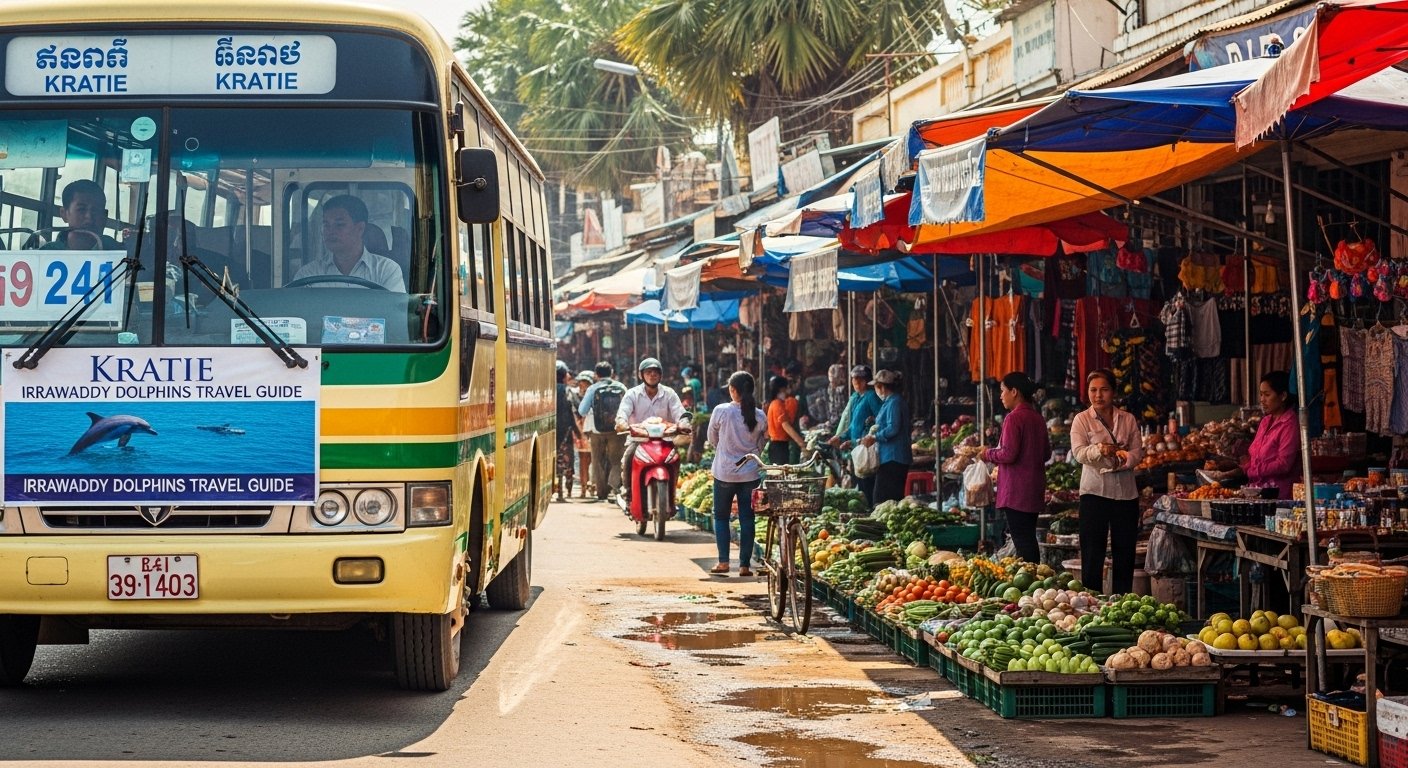 Photorealistic image of a bus arriving in Kratie Town, with a bustling local market scene in the background, focusing on transportation for a Kratie Irrawaddy Dolphins Travel Guide.