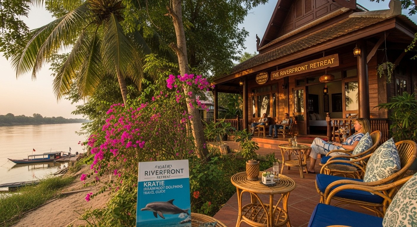 Photorealistic image of a charming guesthouse in Kratie Town, with a riverside view and a relaxed atmosphere, for a Kratie Irrawaddy Dolphins Travel Guide.
