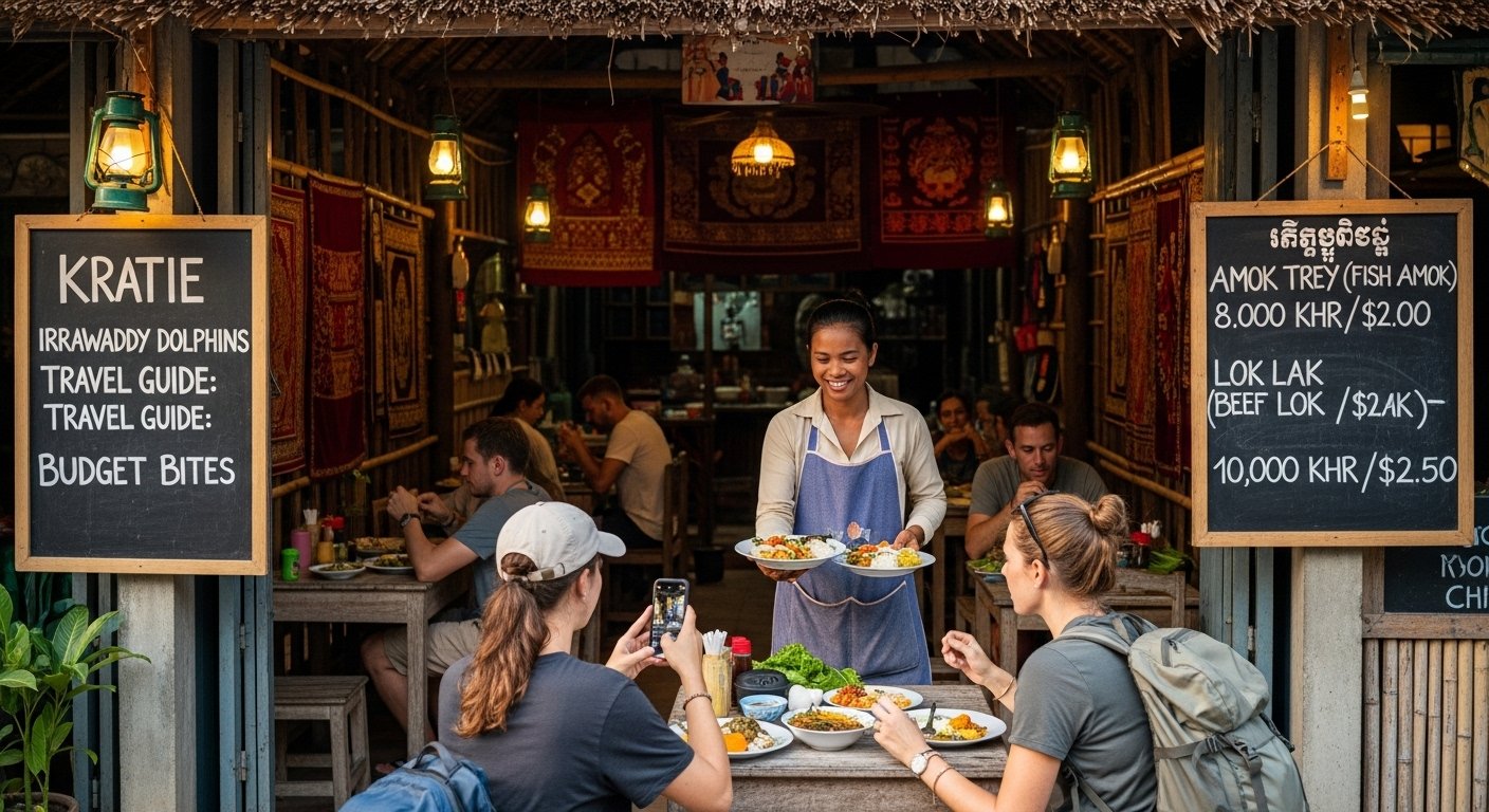 Photorealistic image of a small traditional Cambodian restaurant with a smiling vendor serving local food, illustrating budget-friendly travel for a Kratie Irrawaddy Dolphins Travel Guide.