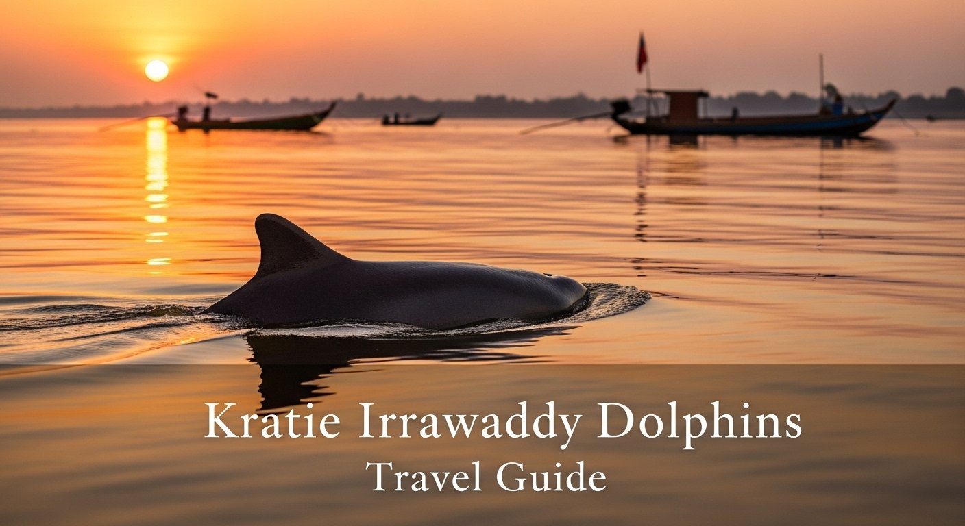 Photorealistic image of an Irrawaddy dolphin's back breaking the surface of the Mekong River at sunset, with traditional wooden boats in the distance, illustrating a Kratie Irrawaddy Dolphins Travel Guide.