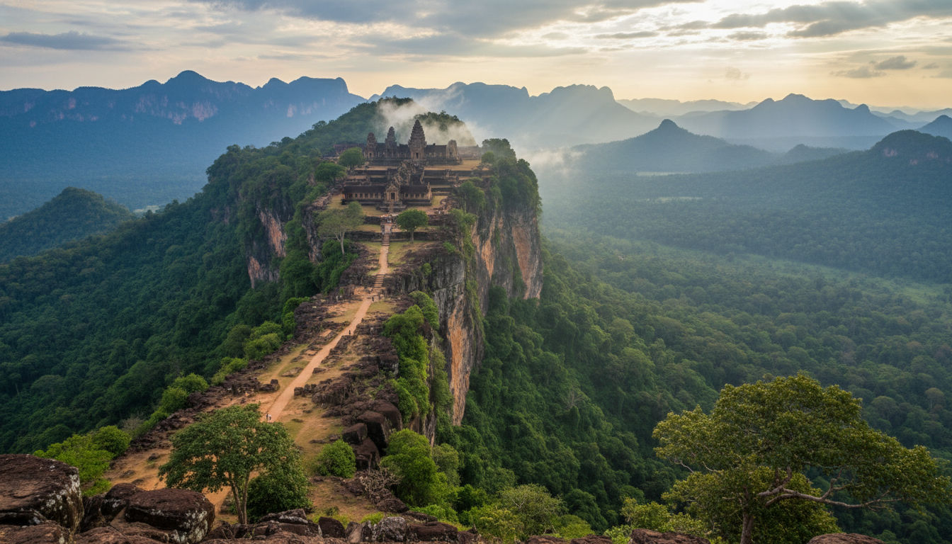 Photorealistic image of Preah Vihear Temple from a distance, showcasing its dramatic cliffside location and the Dângrêk Mountains, essential for a Preah Vihear Temple visitor guide.