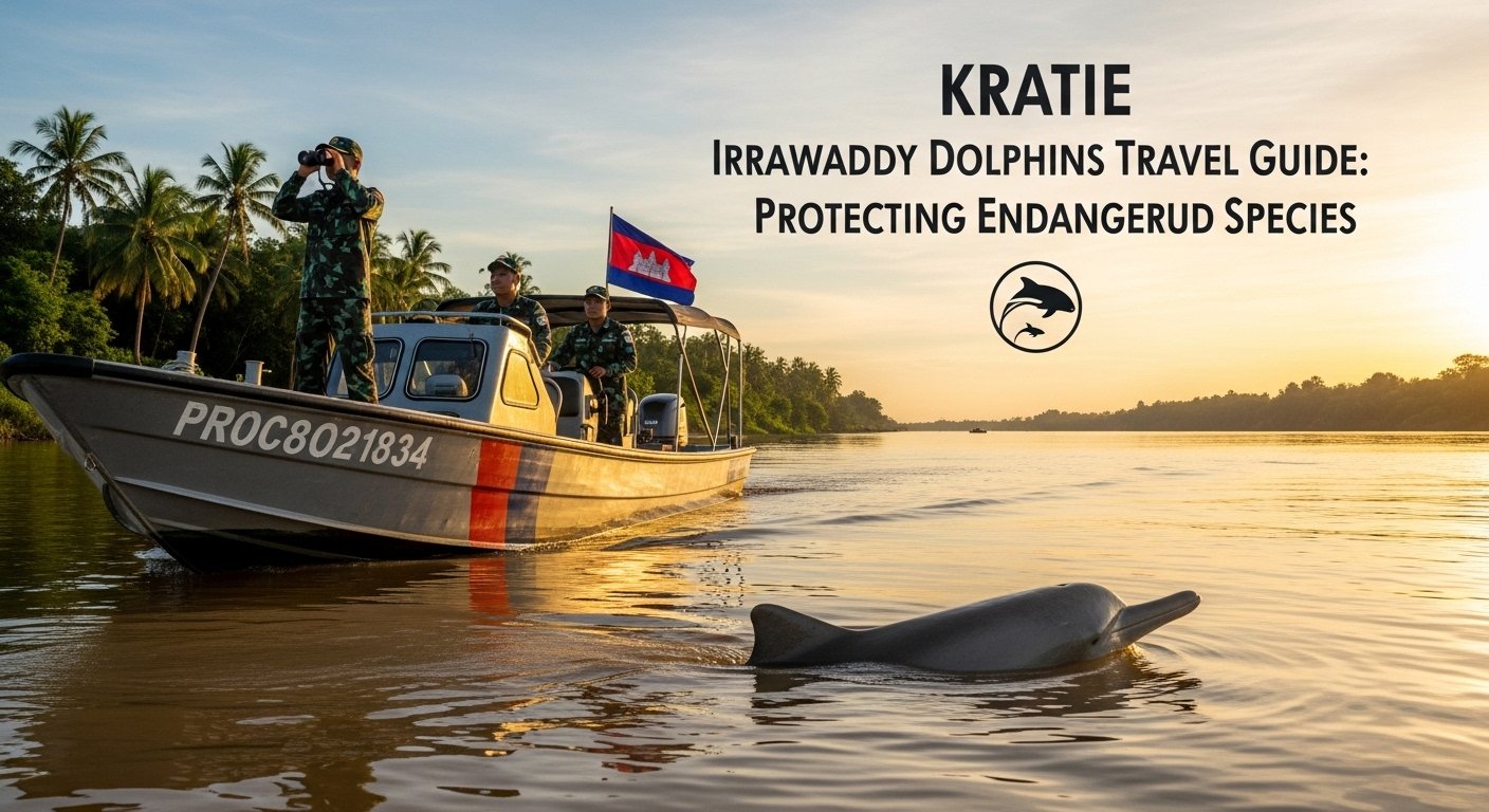Photorealistic image showing a river guard patrol boat on the Mekong River, looking for illegal fishing, with a focus on Irrawaddy dolphin conservation as part of a Kratie Irrawaddy Dolphins Travel Guide.