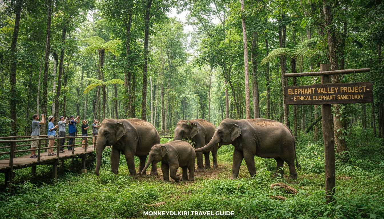 Rescued elephants roaming freely in the dense jungle habitat of the Elephant Valley Project in Mondulkiri, Cambodia, demonstrating ethical elephant tourism for a Mondulkiri travel guide.