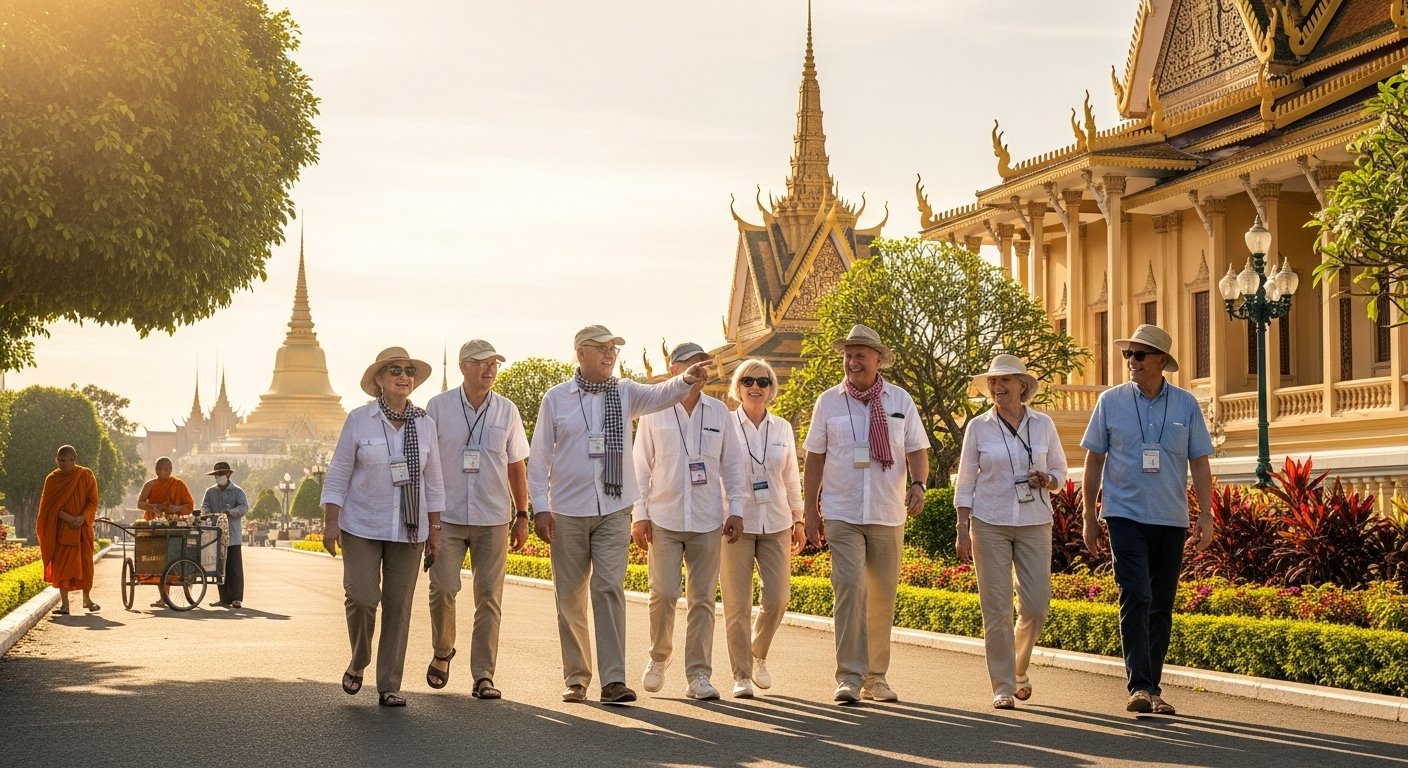 Seniors enjoying a leisurely walk near the Royal Palace in Phnom Penh, Cambodia, with traditional Khmer architecture in the background. The scene should depict comfort and cultural immersion for Cambodia travel for seniors.