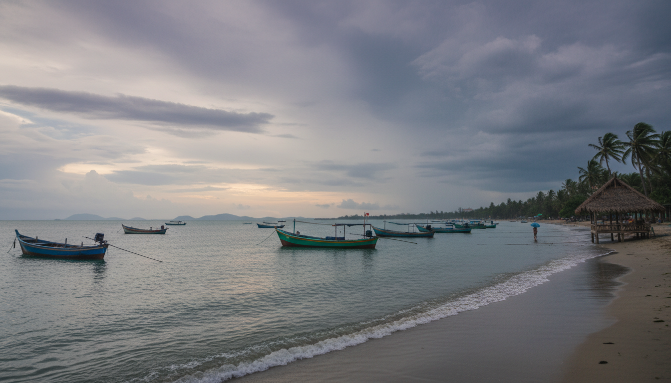 Sihanoukville beach with calm waters under a dramatic sky, a few fishing boats visible, during Cambodia Beach Travel Rainy Season. The focus is on the unique atmosphere.