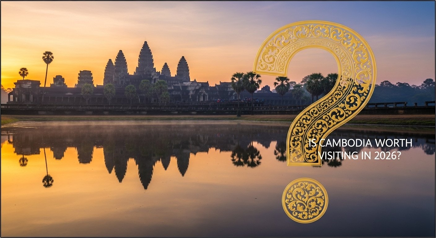 Sunrise over the iconic Angkor Wat temple, with its majestic towers reflected in the water, emphasizing the beauty and asking 'Is Cambodia Worth Visiting in 2026?'