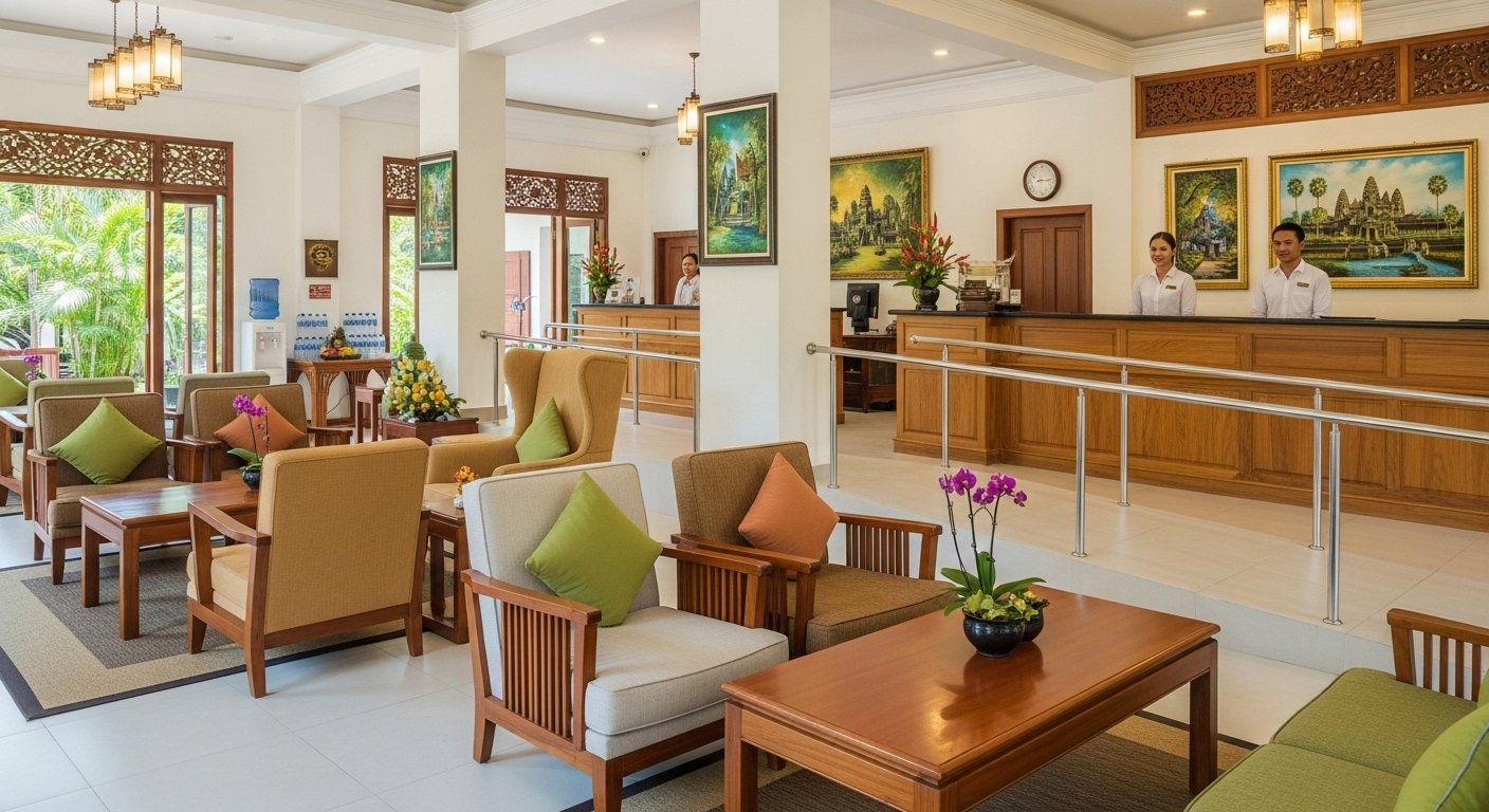 The spacious, clean lobby of a senior-friendly hotel in Siem Reap, Cambodia, with comfortable seating and helpful staff at the reception, designed for Cambodia travel for seniors.
